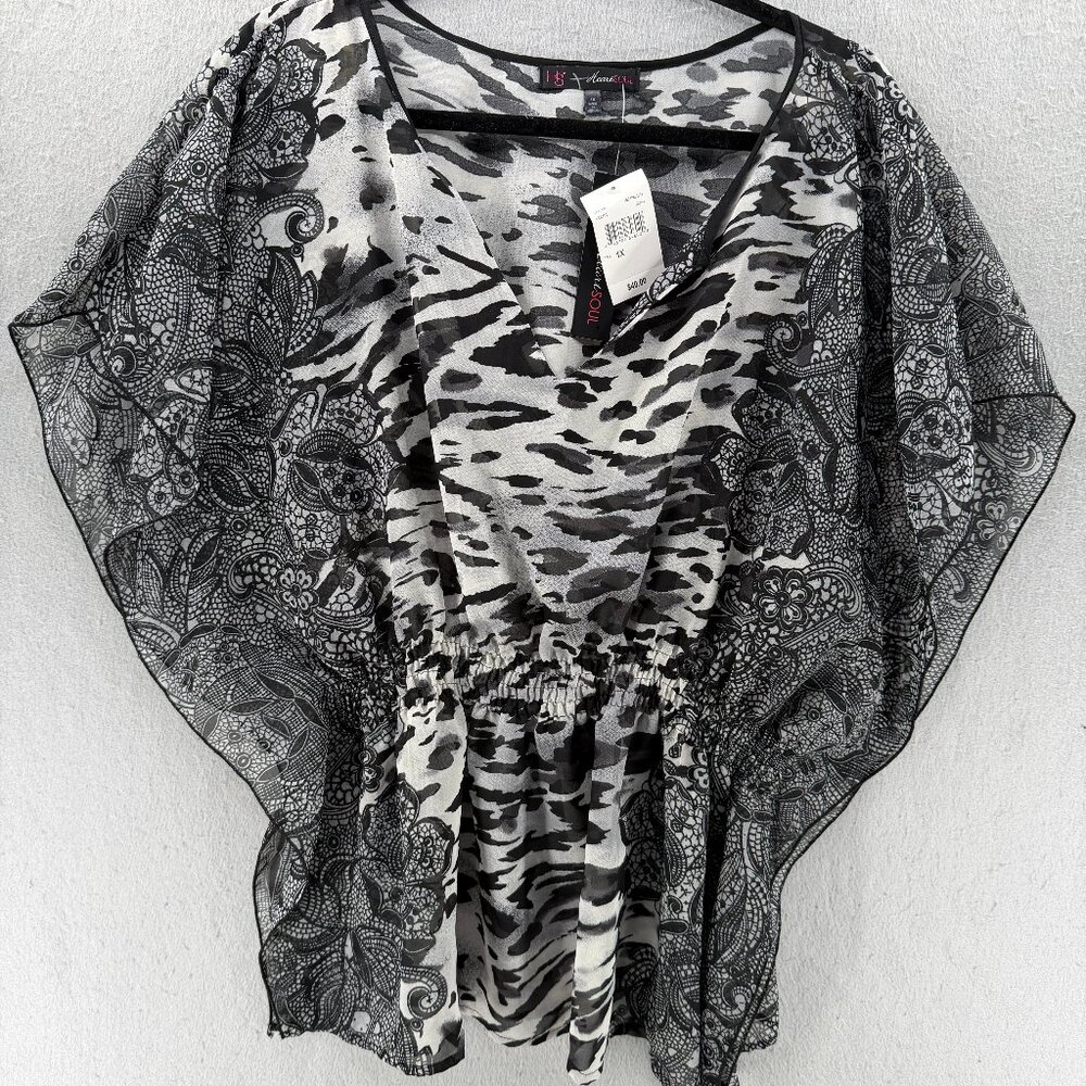 HeartSoul Sheer Print Poncho Top Size 1X Black White Maximalist‎ Flowy Abstract